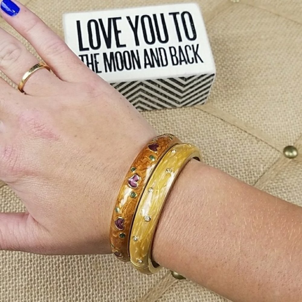 2 Gold Bracelets Boho Metallic Cuffs Neutral Hearts Yellow Polka Dot Casual Work